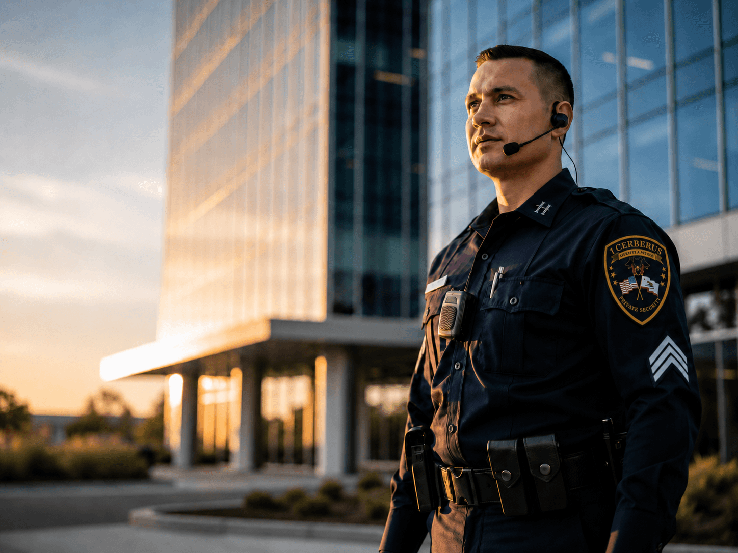 A 1 Cerberus security officer on watch at a modern California property at golden hour