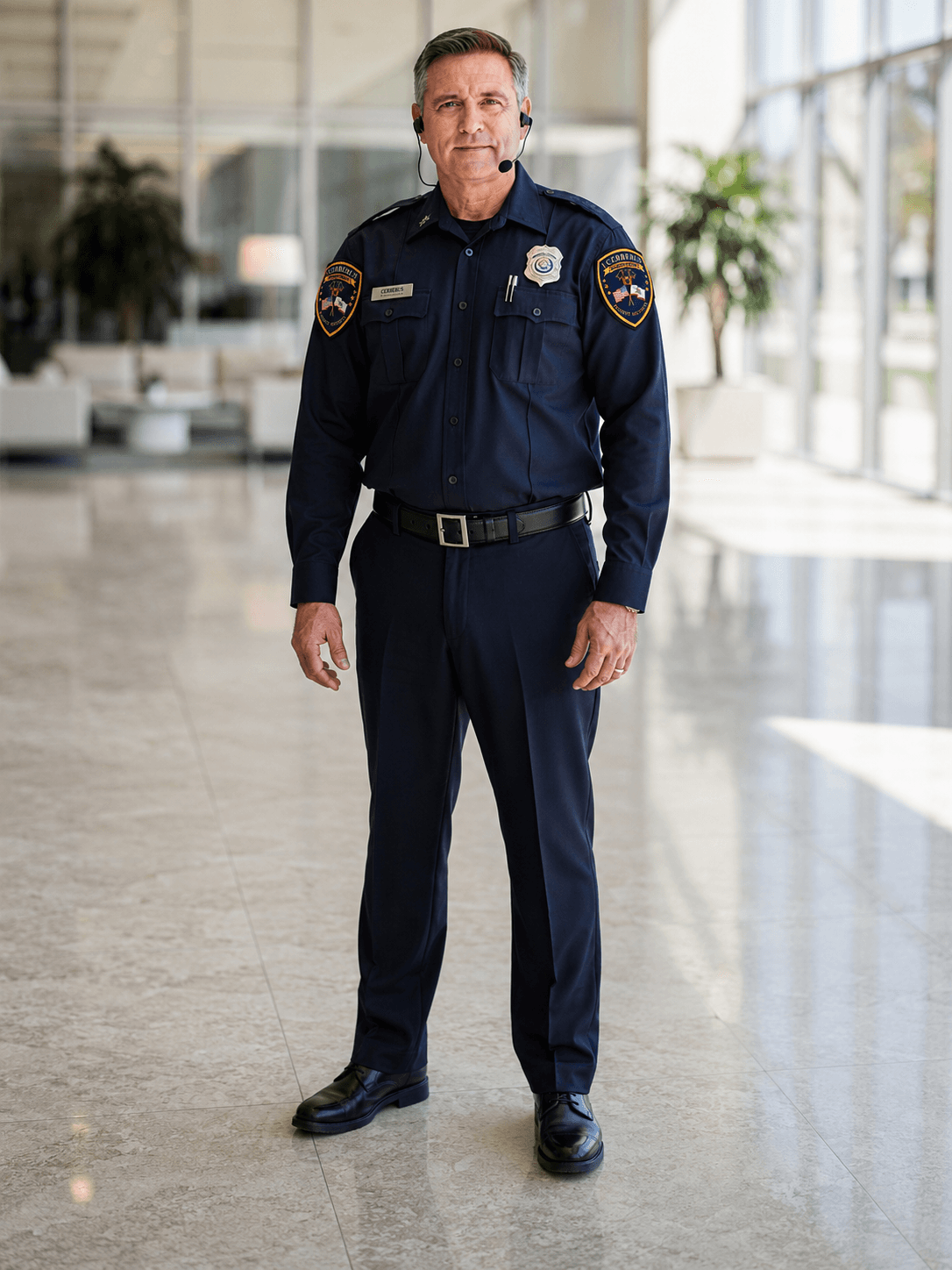 A senior 1 Cerberus security officer in a modern California office lobby