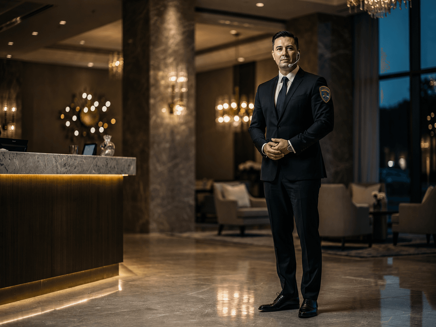 1 Cerberus security guard stationed at a hotel porte-cochère with warm interior glow.