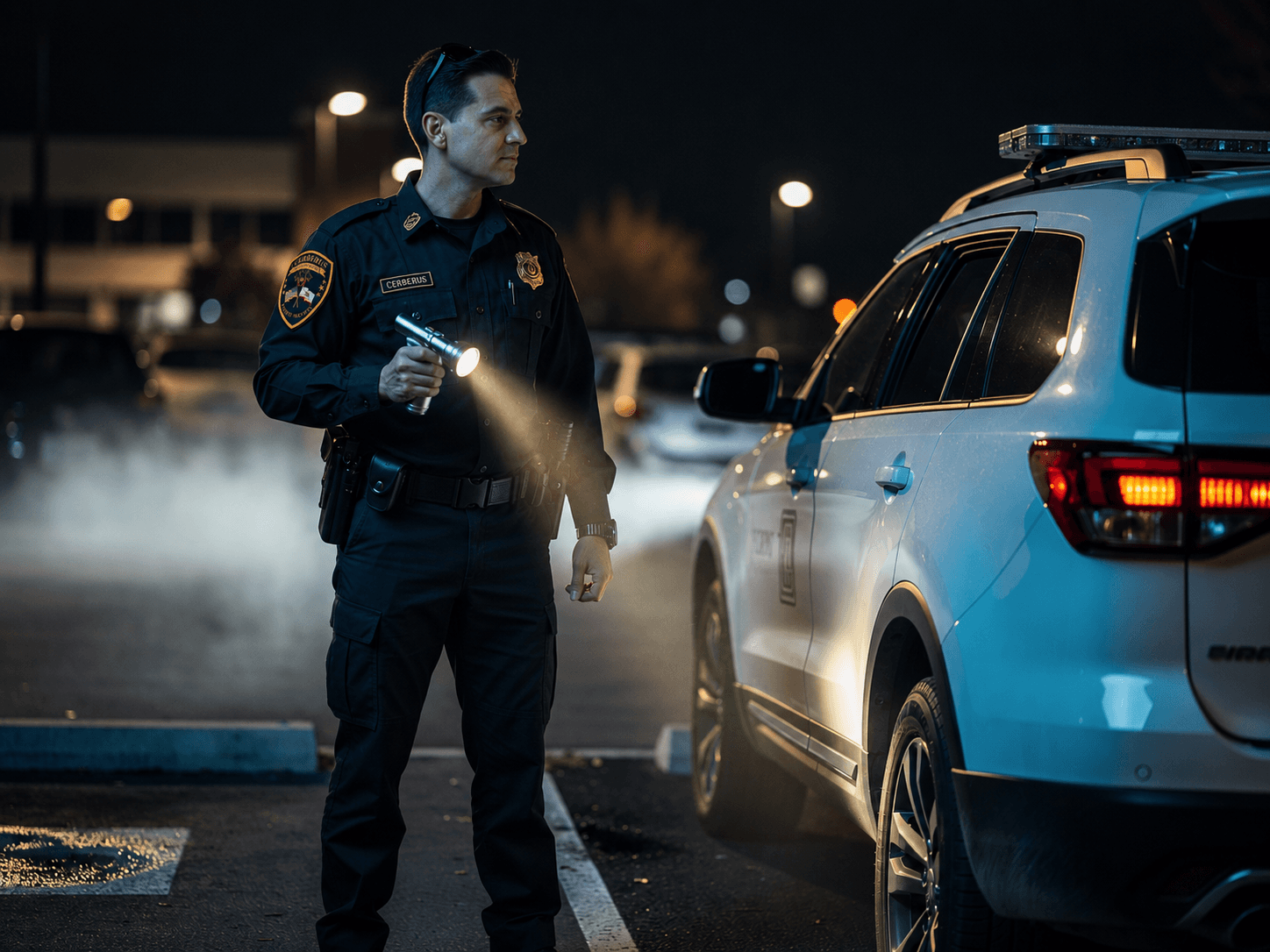 Marked 1 Cerberus mobile patrol SUV with headlights on in an empty lot at night.