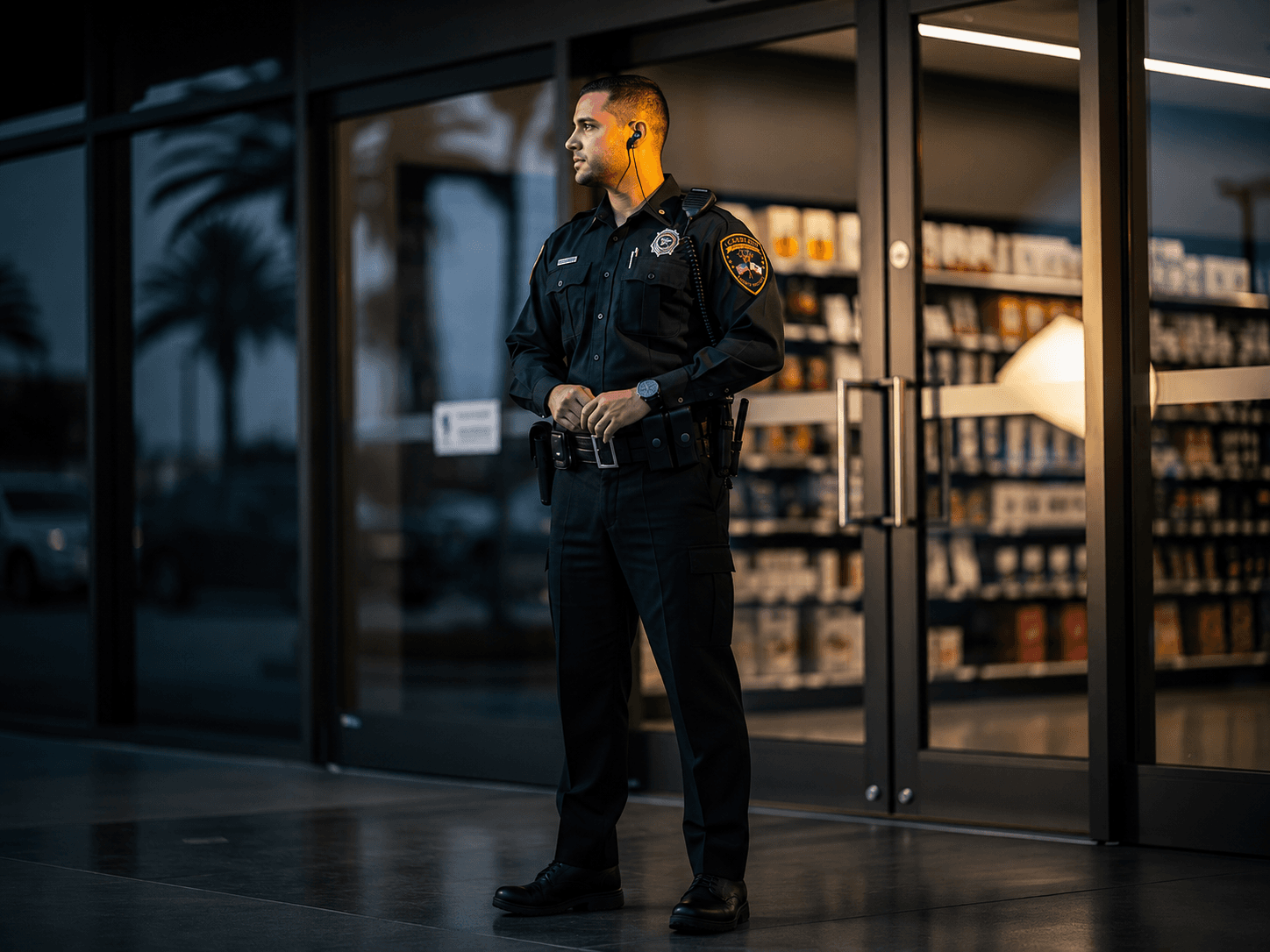 1 Cerberus retail security guard monitoring a store entrance to deter theft.
