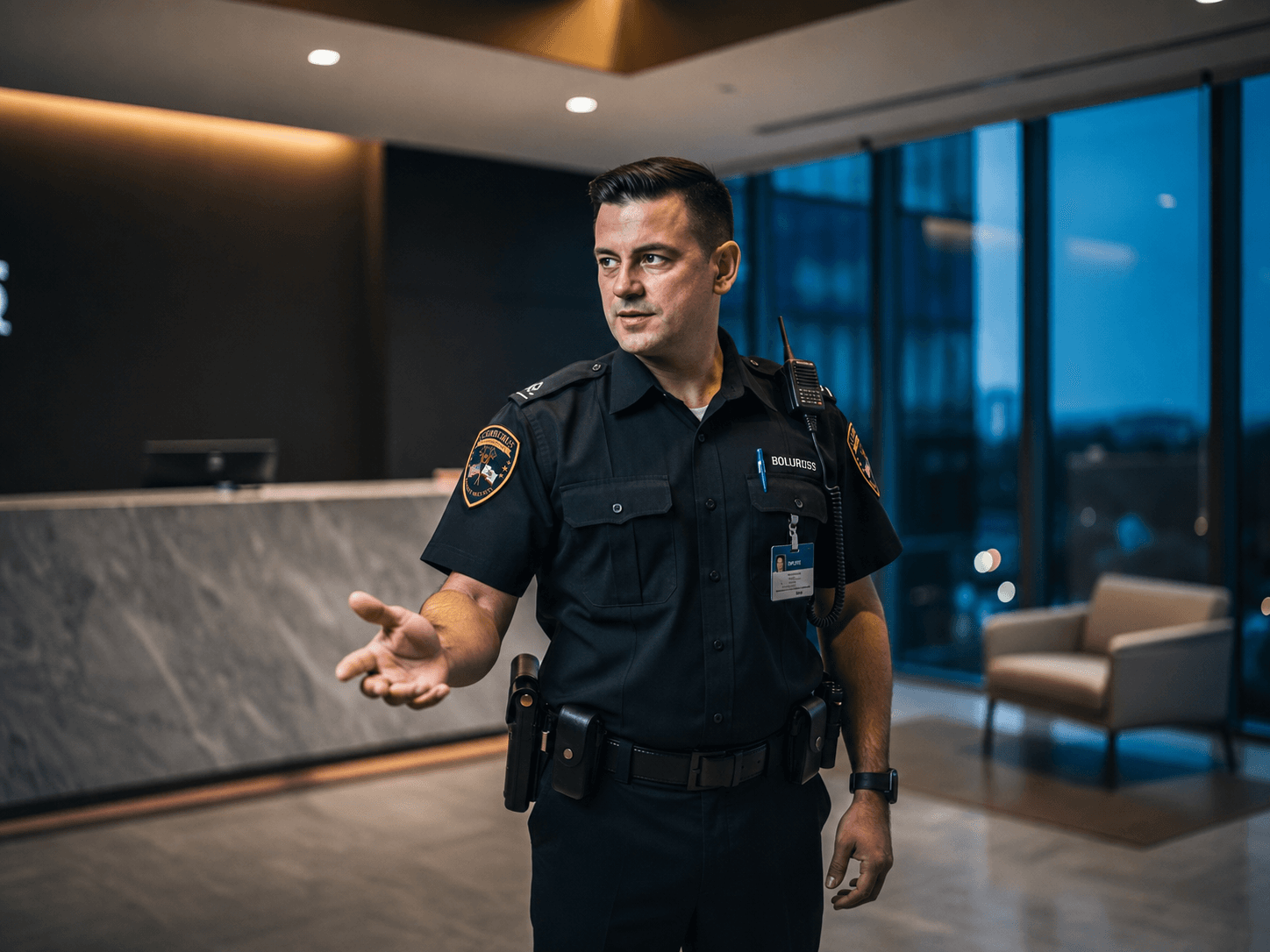 Unarmed 1 Cerberus security guard greeting a visitor at a corporate lobby desk.