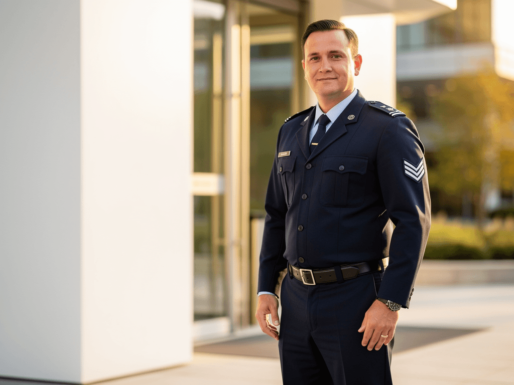 A uniformed 1 Cerberus Security & Patrol officer in professional dress, on duty in California