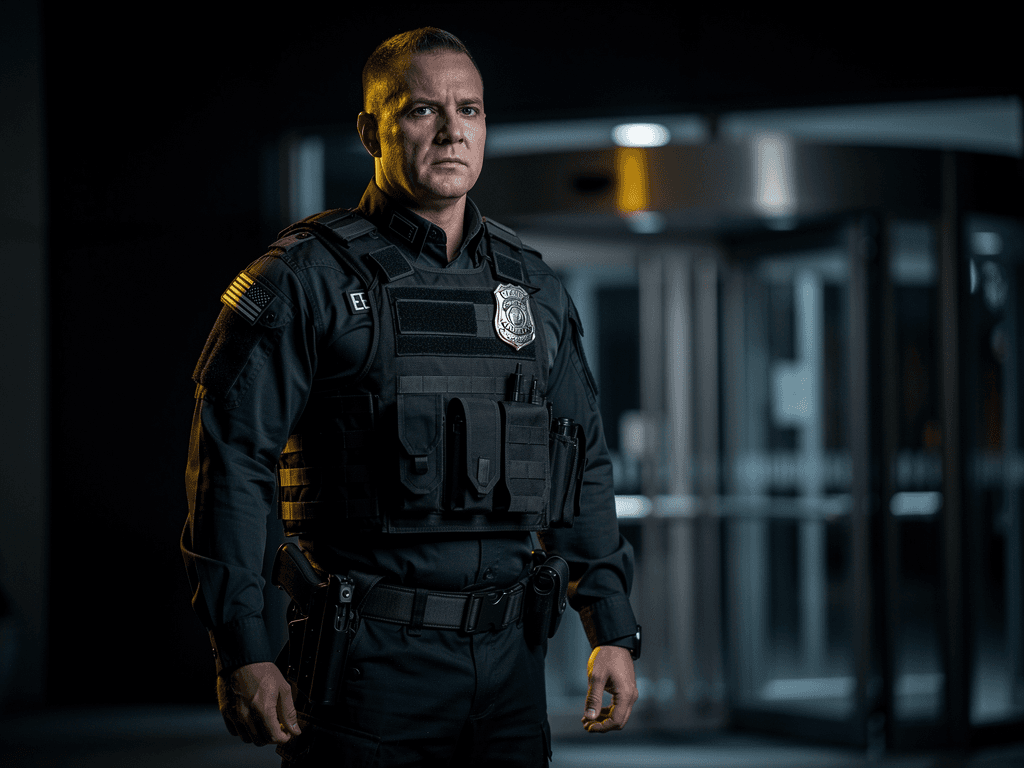 Armed 1 Cerberus security officer on duty, trained to handle high-risk situations.